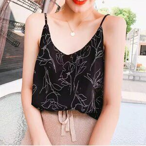 Flowy Floral Print V-Neck Camisoles Blouse Women's Sleeveless Top in Black